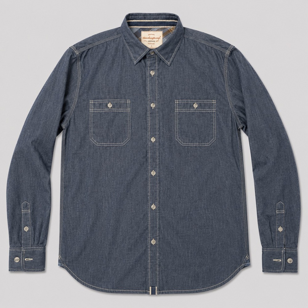 Weatherproof Vintage Mens L Chambray Button Up Shirt Blue Long Sleeve Cotton